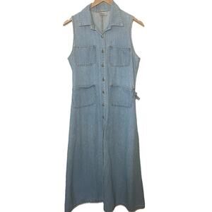 Vintage Studio Midi Dress Denim 90s Y2K Sleeveless Button Front Jumper Pockets 8